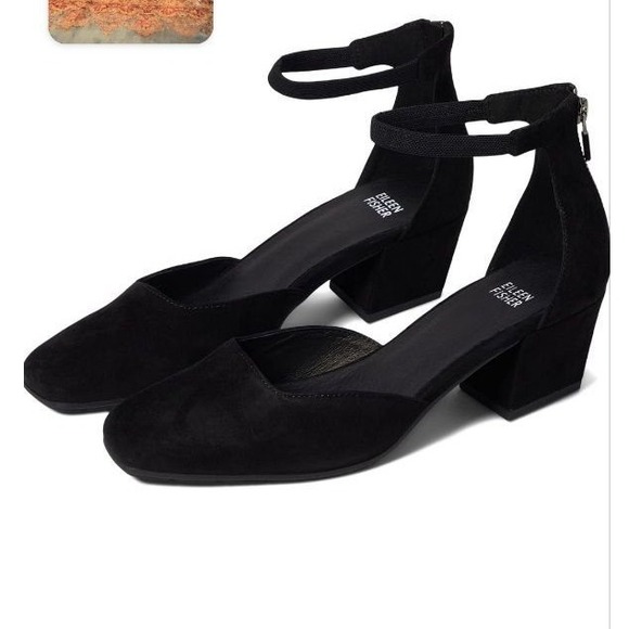 Eileen Fisher‎ Black Suede Leather Block Heel Ankle Strap Dota Pump D'Orsay Sz 6 - Picture 1 of 5